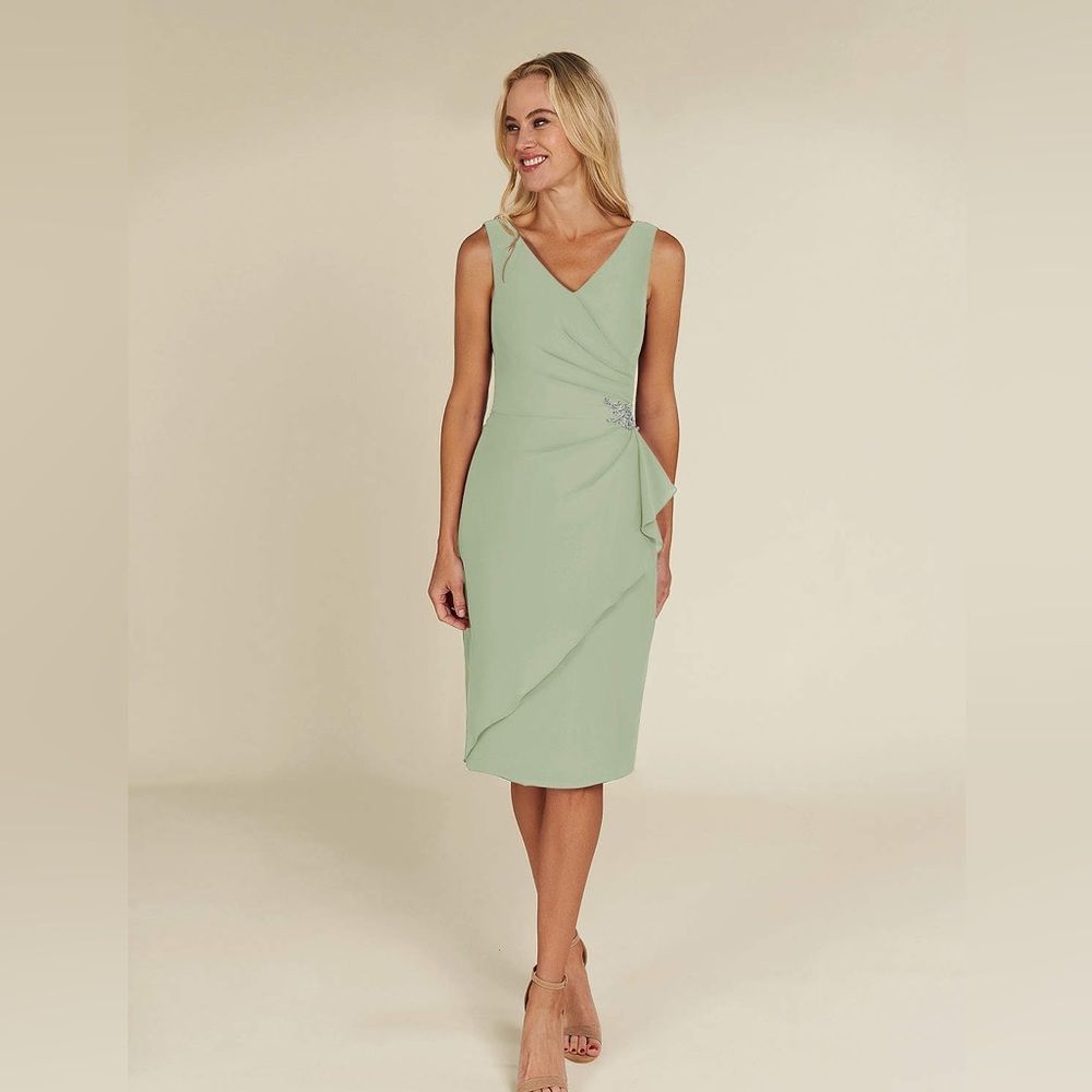 Azazie Sage Green V-Neck Knee-Length Sheath Dress